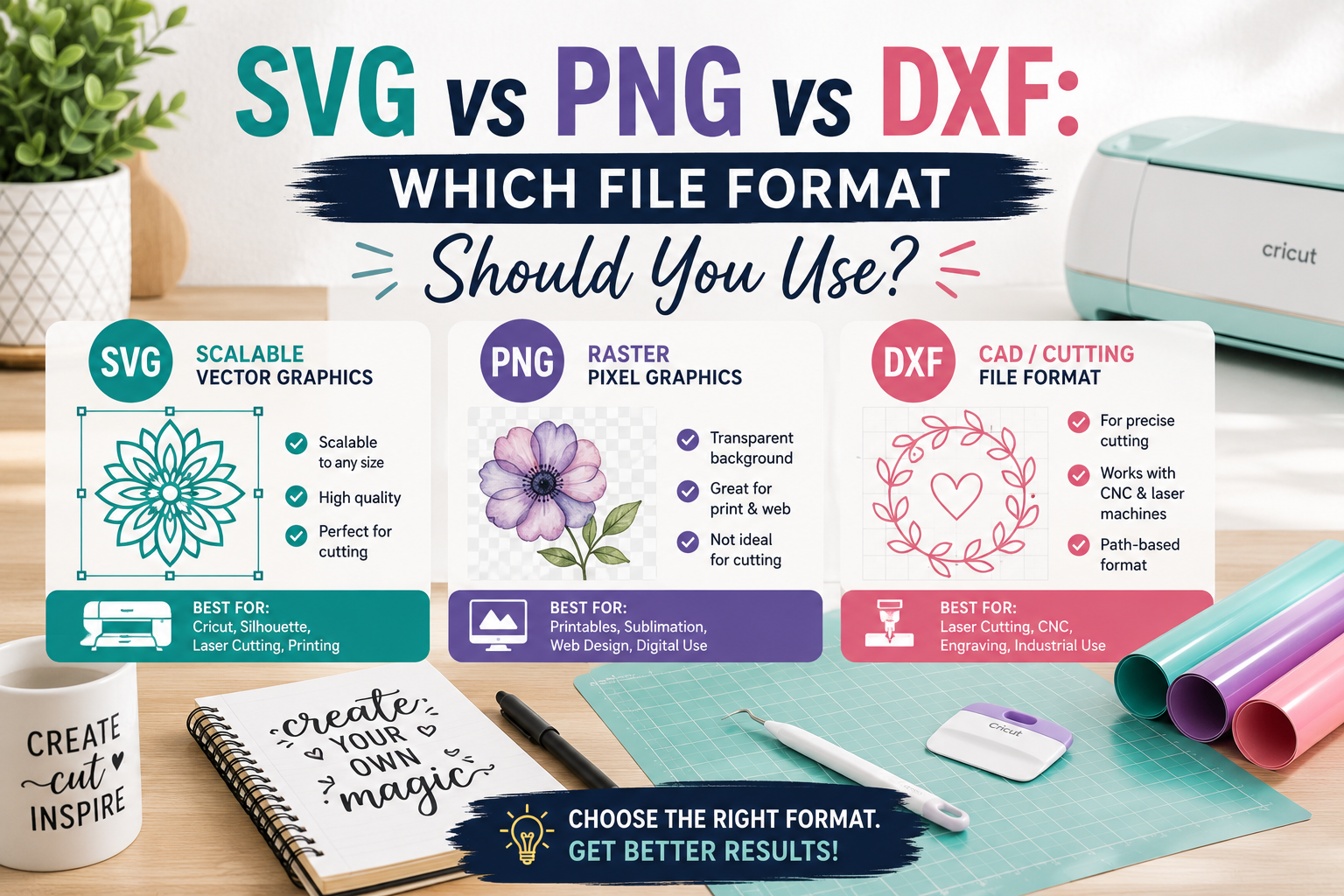 SVG vs PNG vs DXF: Which File Format Should You Use? 1 SVG vs PNG vs DXF file format comparison guide for Cricut and Silhouette crafters - PickSVG