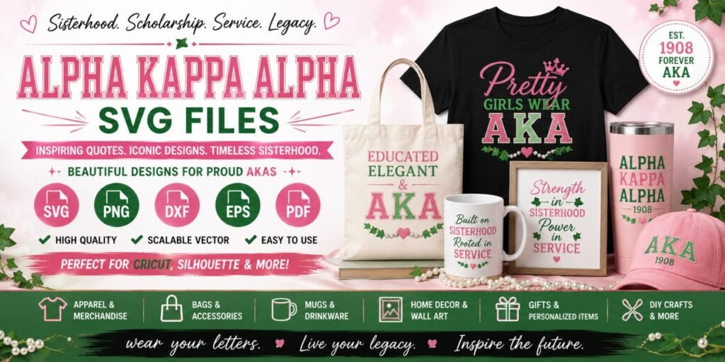 Alpha Kappa Alpha SVG files banner featuring AKA sorority designs for Cricut, Silhouette, shirts, tote bags, mugs, home décor, gifts, and DIY crafts.