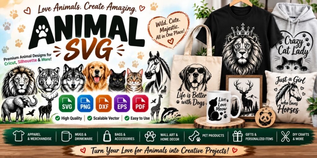 Animal SVG files banner featuring lion, tiger, dog, cat, horse, elephant, deer, and wildlife designs for Cricut, Silhouette, apparel, mugs, bags, home décor, pet products, and DIY crafts.