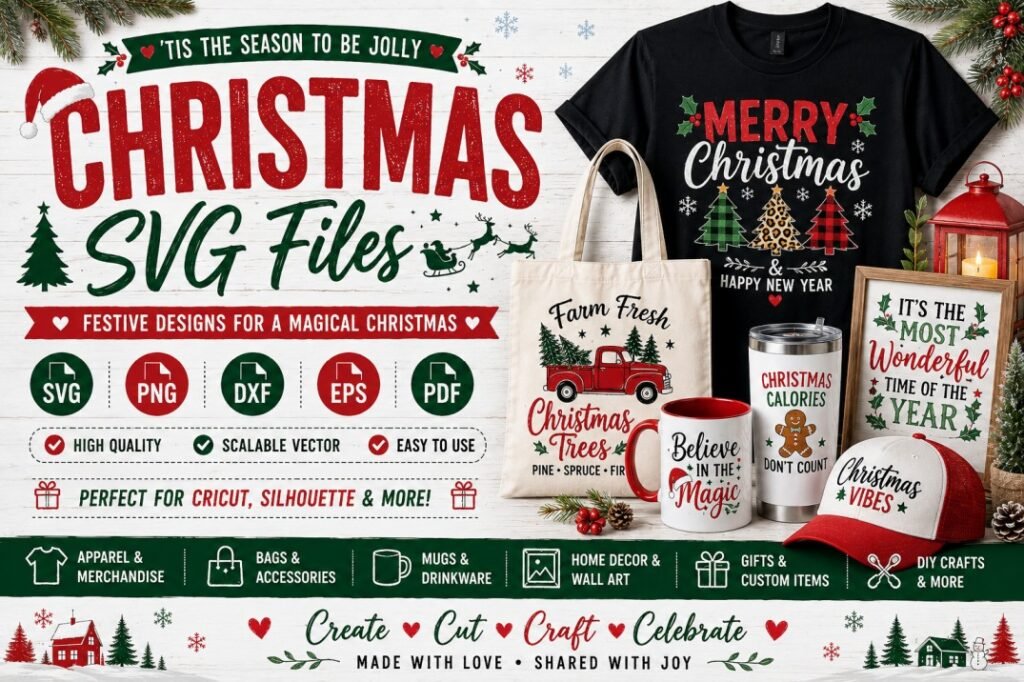 Christmas SVG files banner featuring festive Christmas trees, Santa, reindeer, holiday ornaments, Christmas quotes, and seasonal designs for Cricut, Silhouette, shirts, mugs, tumblers, bags, home décor, gifts, and DIY crafts.
