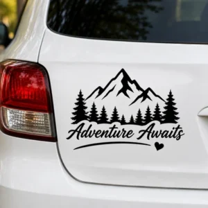 Cricut SVG car decal design project with a mountain adventure graphic