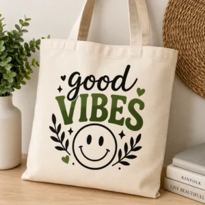 Cricut SVG tote bag design project with a custom good vibes graphic