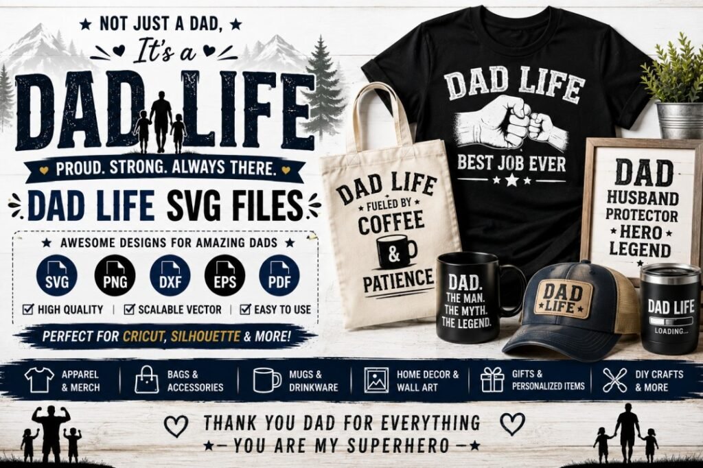 Dad Life SVG files banner featuring fatherhood designs for Cricut, Silhouette, shirts, mugs, tumblers, hats, tote bags, home décor, gifts, and DIY crafts.