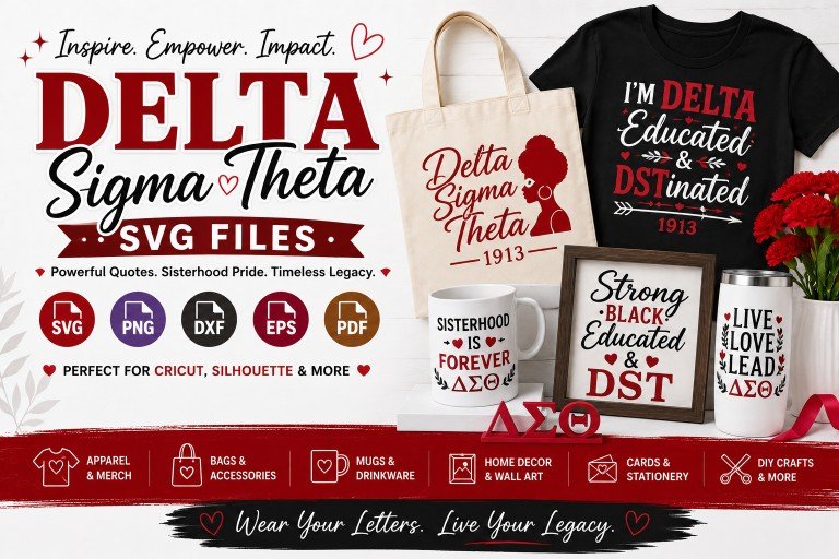 Delta Sigma Theta SVG files for Cricut and Silhouette projects featuring apparel, mugs, totes and home decor
