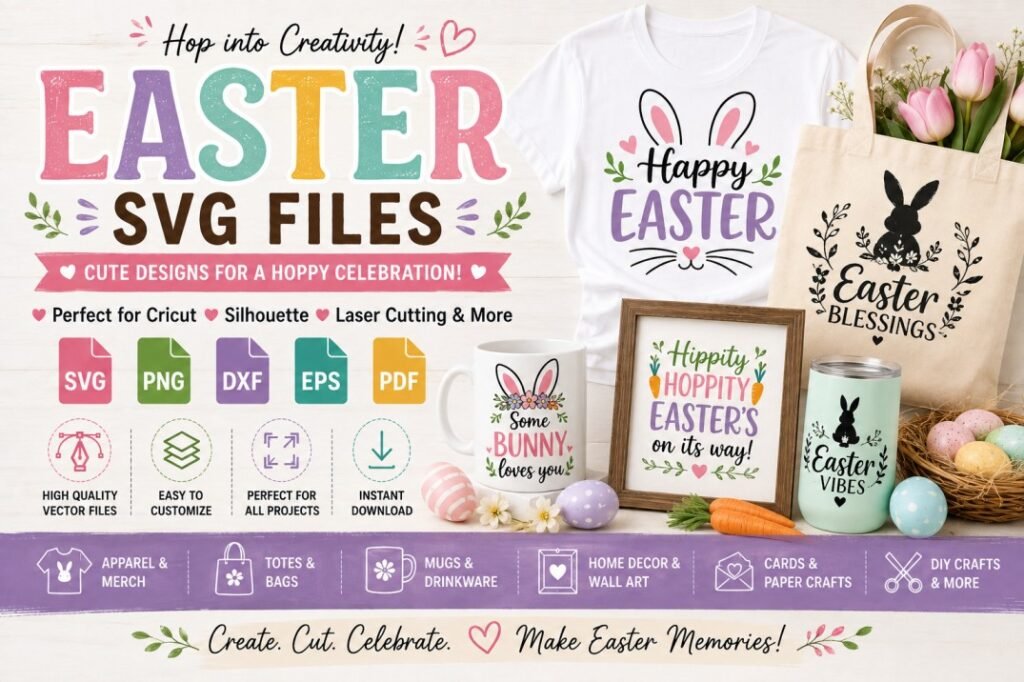 Easter SVG files for Cricut and Silhouette projects featuring bunny, egg and spring designs