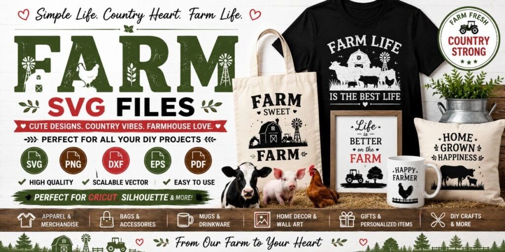 Farm animal SVG files banner featuring farmhouse, cow, pig, chicken, tractor, and barn designs for Cricut, Silhouette, apparel, mugs, home décor, gifts, and DIY crafts.