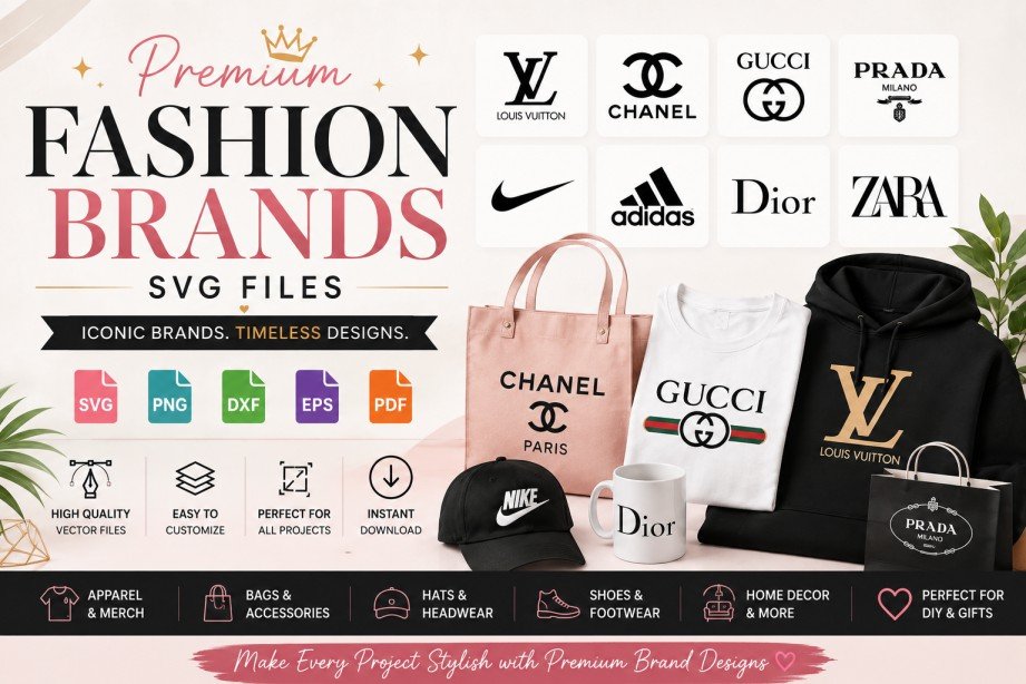 Fashion brand SVG files for Cricut and Silhouette projects featuring apparel and accessory designs