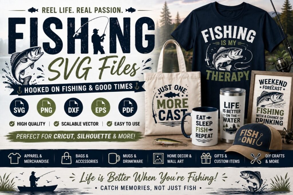 Fishing SVG files banner featuring fishing, fish, fishing rod, lake, and outdoor designs for Cricut, Silhouette, shirts, mugs, tumblers, hats, tote bags, wall art, gifts, and DIY crafts.