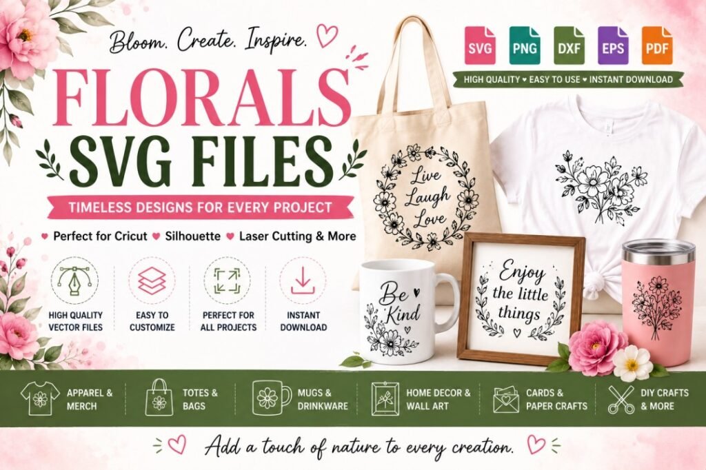 Floral SVG files for Cricut and Silhouette projects featuring flower designs for shirts, mugs, totes and home decor