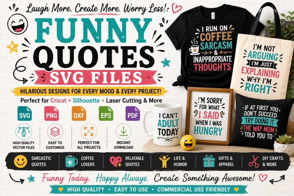 Funny quote SVG files for Cricut and Silhouette projects featuring humorous and sarcastic designs