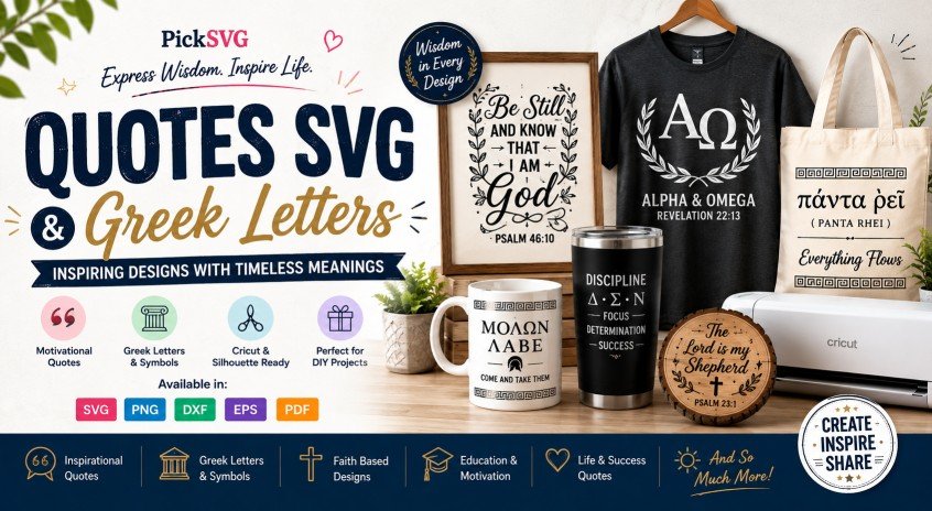 Greek letters quotes SVG files for Cricut and Silhouette featuring inspirational quotes, Alpha and Omega designs, faith-based typography, mugs, T-shirts, tote bags and DIY craft projects.