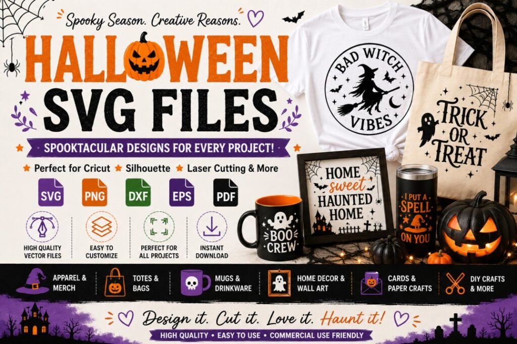 Halloween SVG files for Cricut and Silhouette projects featuring pumpkins, ghosts, witches and spooky designs