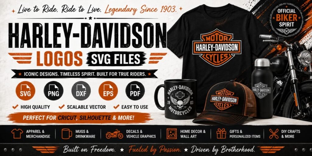 Harley-Davidson logos SVG files banner featuring motorcycle logo designs for Cricut, Silhouette, shirts, mugs, caps, vehicle decals, wall art, and DIY crafts.