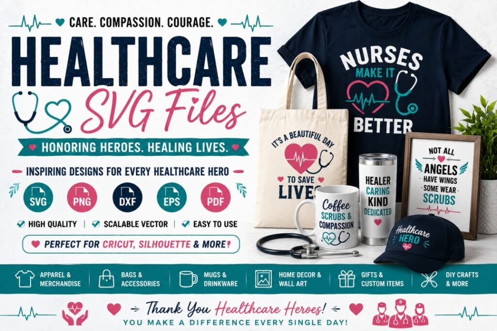 Healthcare SVG files banner featuring medical and nursing designs with stethoscopes, heartbeats, scrubs, and healthcare themes for Cricut, Silhouette, apparel, mugs, bags, wall art, gifts, and DIY crafts.