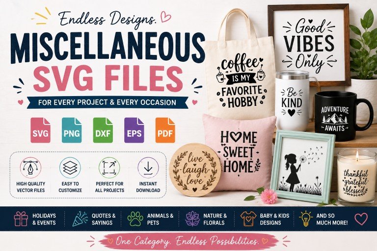 Miscellaneous SVG files for Cricut and Silhouette projects including crafts, quotes, home decor and seasonal designs
