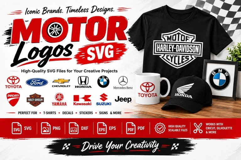 Motor Logos SVG files banner featuring automotive and motorcycle logo designs for Cricut, Silhouette, shirts, decals, mugs, and DIY crafts.