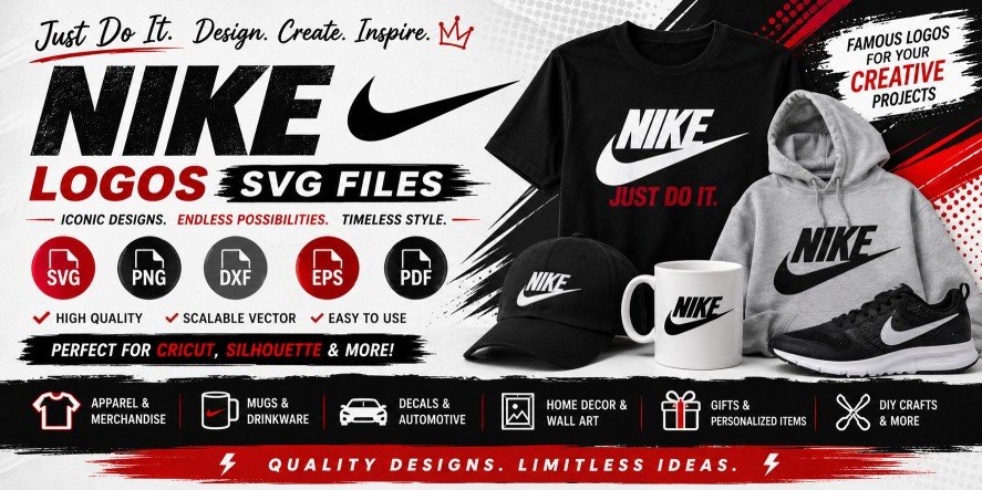 Nike logos SVG files banner featuring Nike logo designs for Cricut, Silhouette, apparel, mugs, decals, wall art, and DIY crafts.
