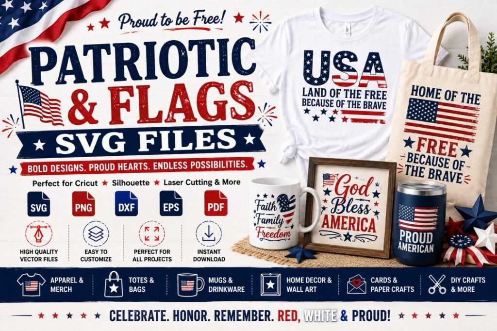 Patriotic and American flag SVG files for Cricut and Silhouette projects featuring shirts, totes, mugs and home decor