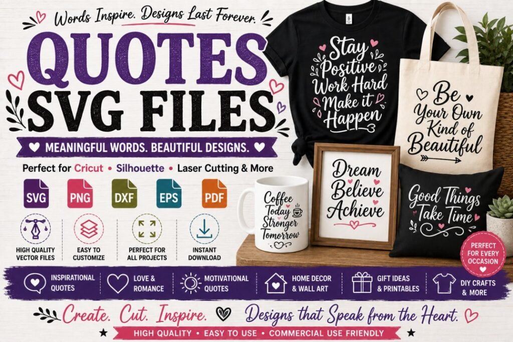 Quotes SVG files for Cricut and Silhouette projects featuring inspirational, motivational and meaningful quote designs