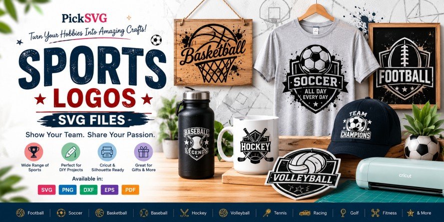 Sports logos SVG files for Cricut and Silhouette featuring football, soccer, basketball, baseball, hockey and volleyball designs