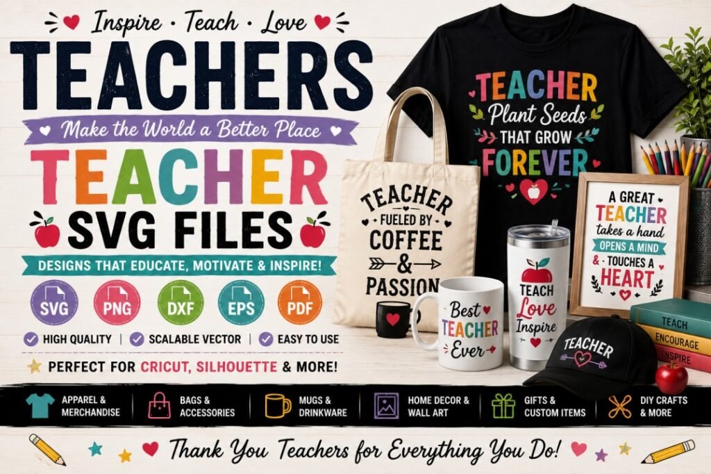 Teacher SVG files banner featuring teacher, classroom, school, apple, and education designs for Cricut, Silhouette, apparel, mugs, tote bags, wall art, gifts, and DIY crafts.