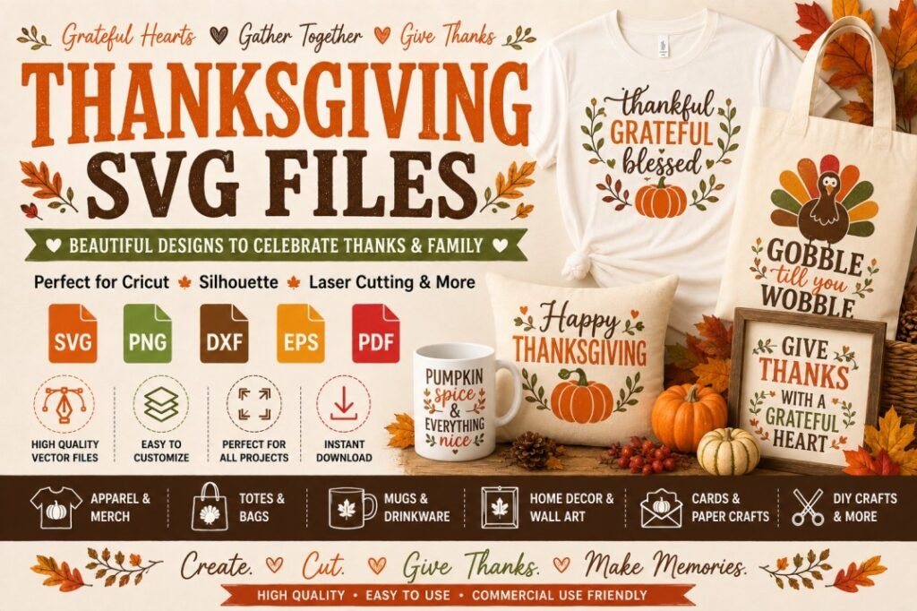 Thanksgiving SVG files for Cricut and Silhouette projects featuring pumpkin, turkey and grateful designs