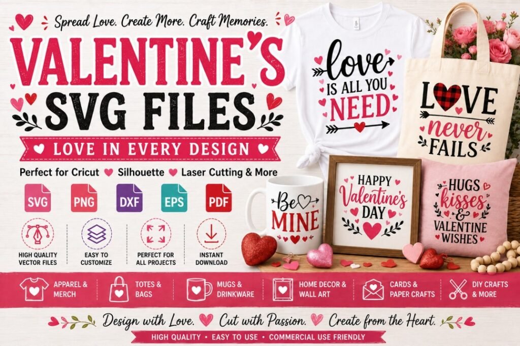 Valentine's SVG files for Cricut and Silhouette projects featuring love, heart and romantic designs