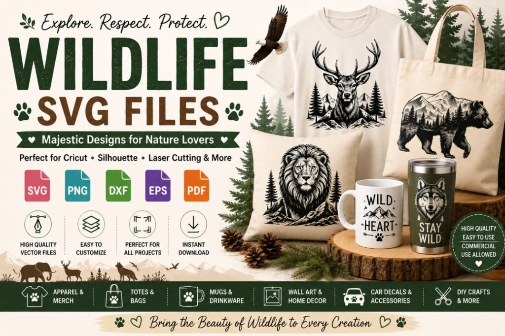 Wildlife SVG files for Cricut and Silhouette projects featuring deer, bear, lion and wolf designs