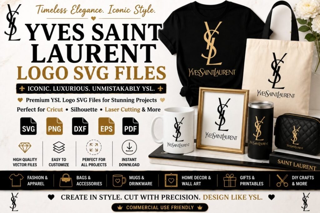 Yves Saint Laurent logo SVG files for Cricut and Silhouette projects featuring luxury fashion designs