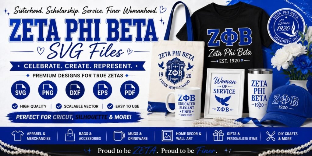 Zeta Phi Beta SVG files banner featuring sorority designs for Cricut, Silhouette, apparel, tote bags, mugs, home décor, gifts, and DIY crafts.